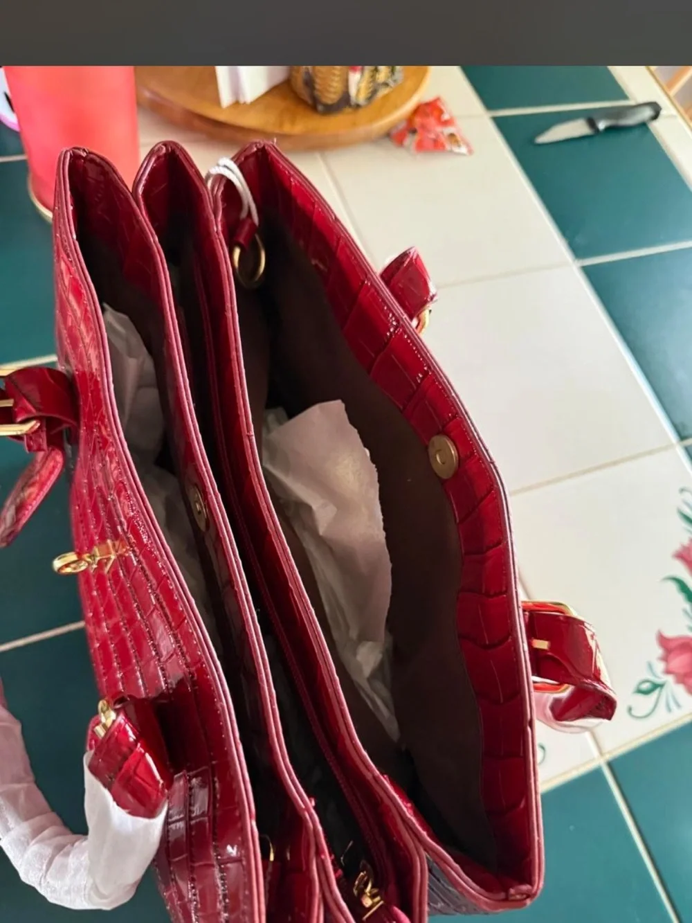 Structured Croc-Embossed Shoulder Bag in Deep Wine